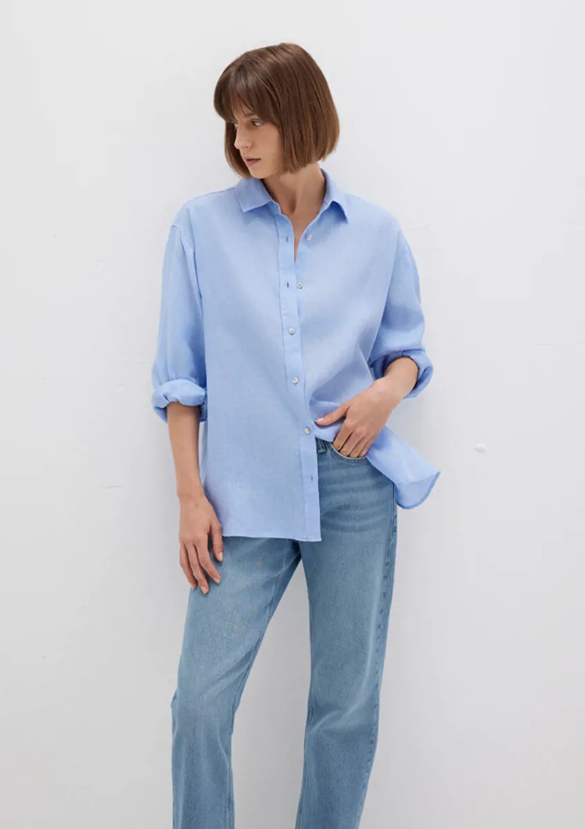 Oversize Kesim Keten Gömlek Mavi - Mango - Ürün Görseli 1