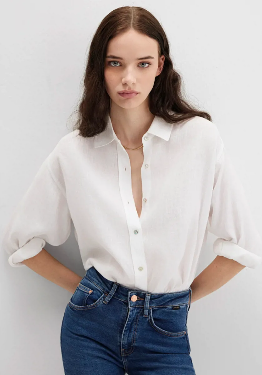 Oversize Kesim Keten Gömlek Beyaz - Mango - Ürün Görseli 1