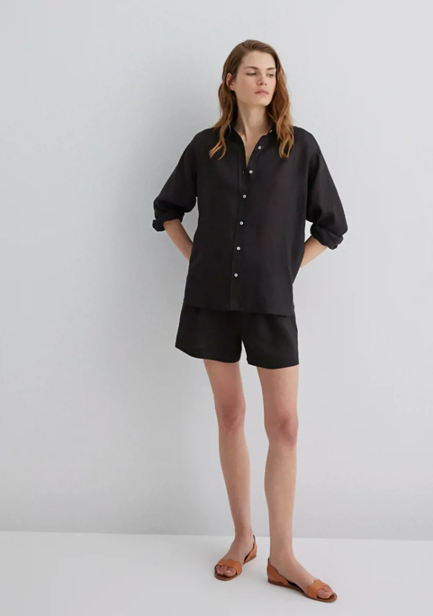 Oversize Kesim Keten Gömlek Siyah - Mango - Ürün Görseli 1