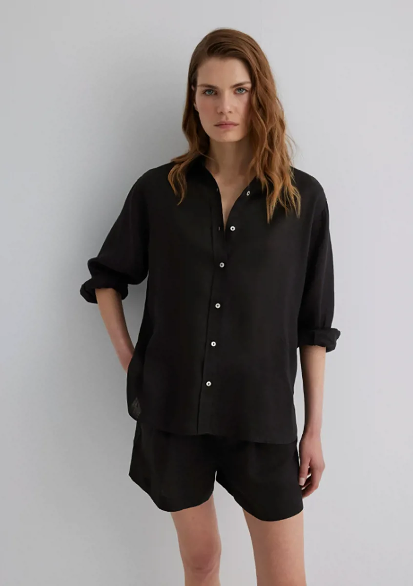 Oversize Kesim Keten Gömlek Siyah - Mango - Ürün Görseli 1