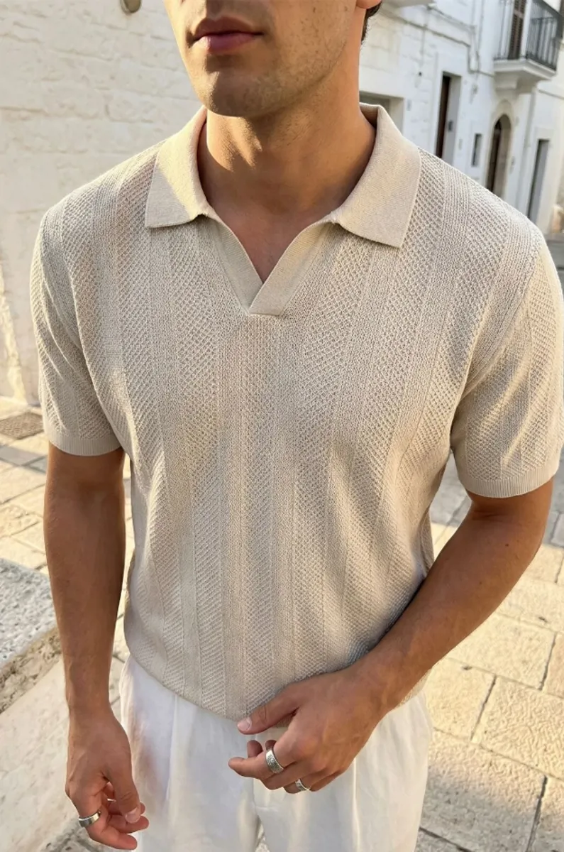 Dokulu Polo Yaka Triko Tişört Bej - Vakko - Ürün Görseli 1