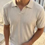Dokulu Polo Yaka Triko Tişört Bej
