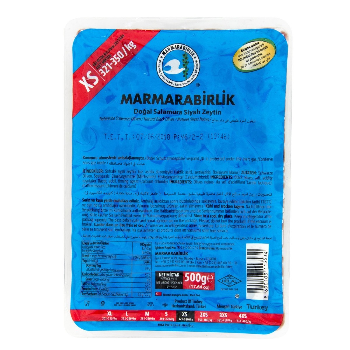 Marmarabirlik Zeytin Extra 321-350 Xs Vakum 500 Gr