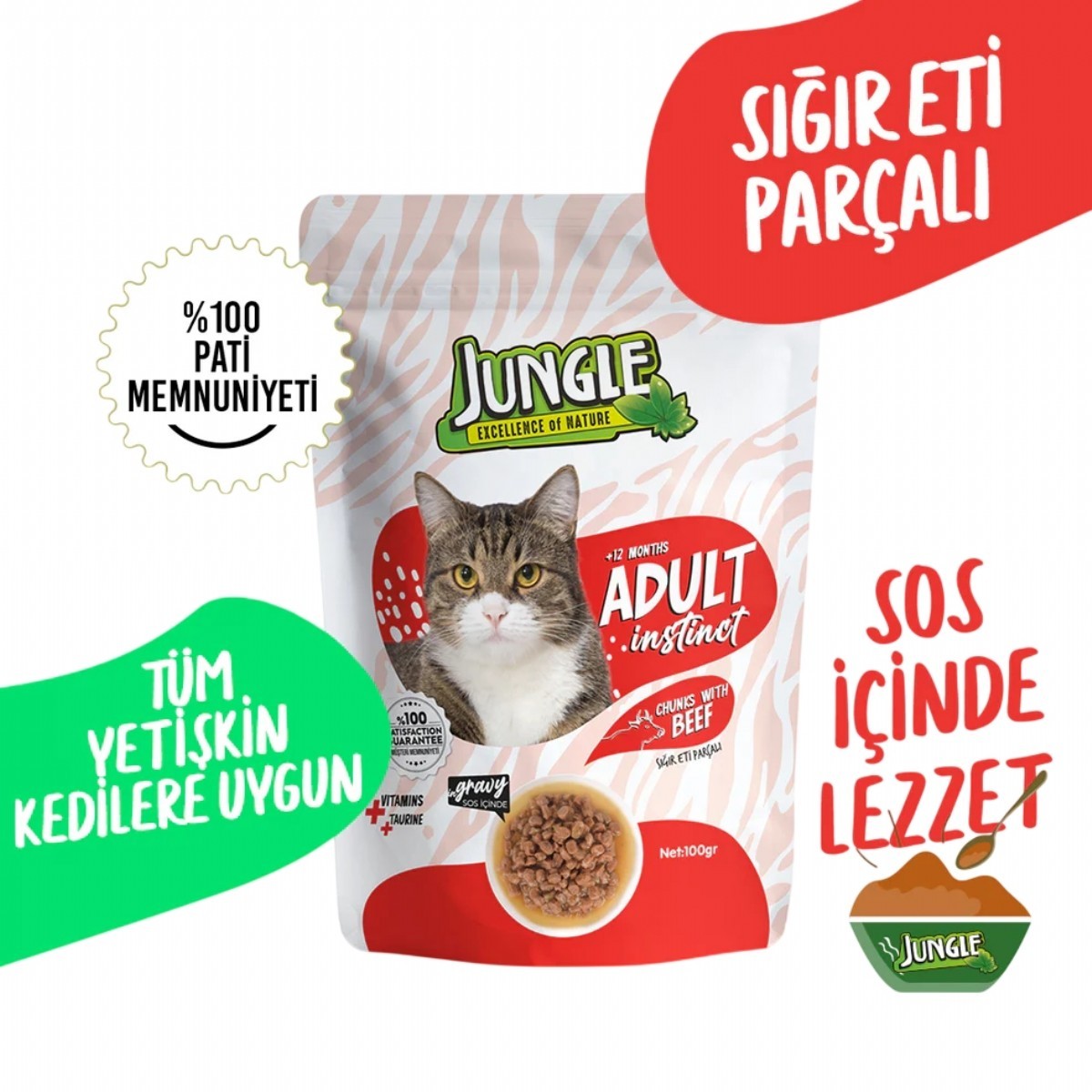 Jungle Pouch Sığır Etli Yetişkin Kedi Yaş Mama 100 Gr