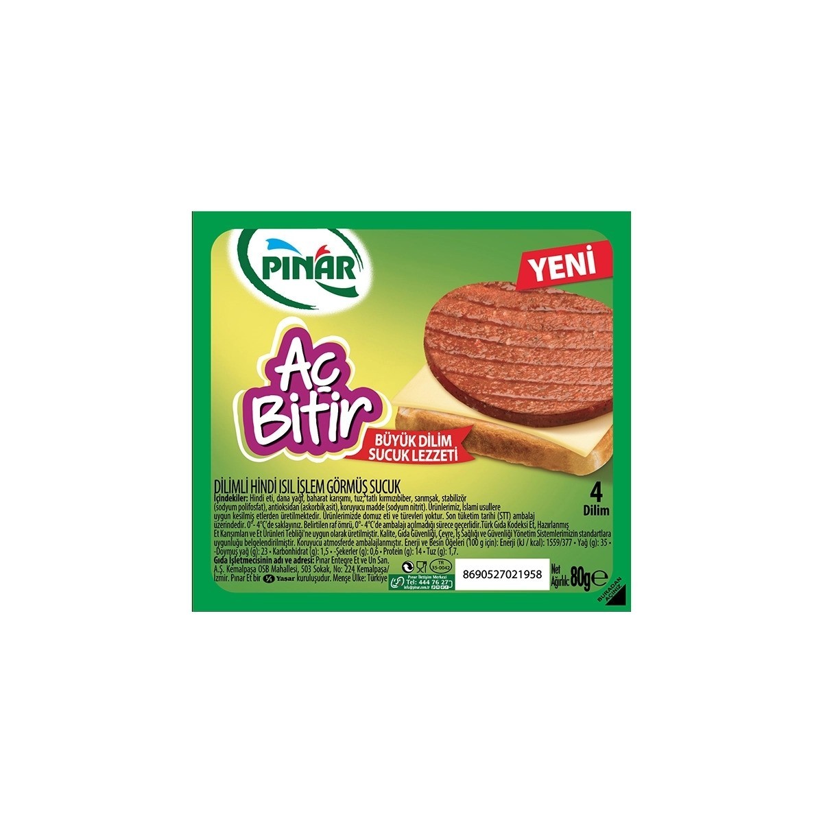 Pınar Aç Bitir Büyük Dilim Hindi Sucuk 80 Gr