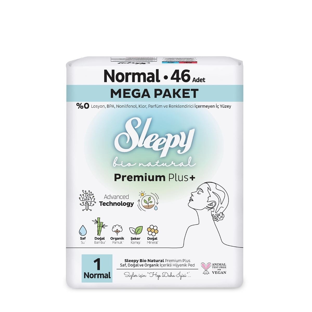 Sleepy Bio Natural Premium Plus Mega Paket Normal Hijyenik Ped 46 lı