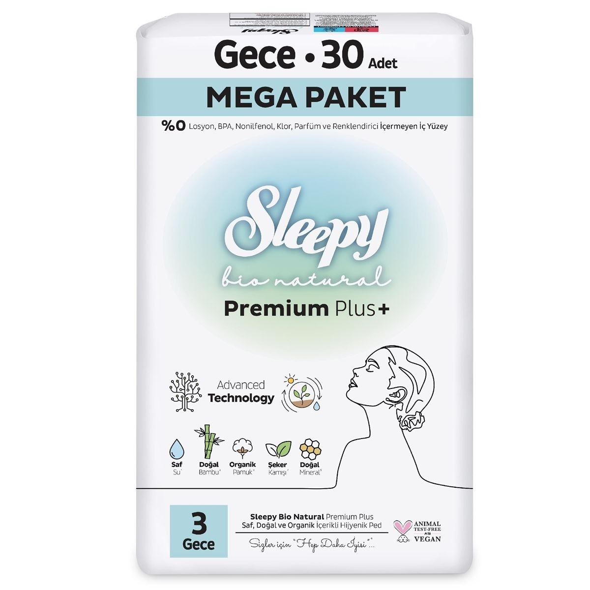 Sleepy Bio Natural Premium Plus Mega Paket Gece Hijyenik Ped 30 lu