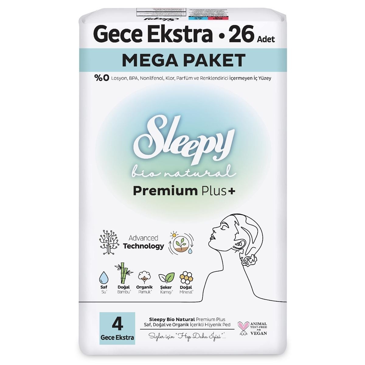 Sleepy Bio Natural Premium Plus Mega Paket Gece Extra Hijyenik Ped 26 lı