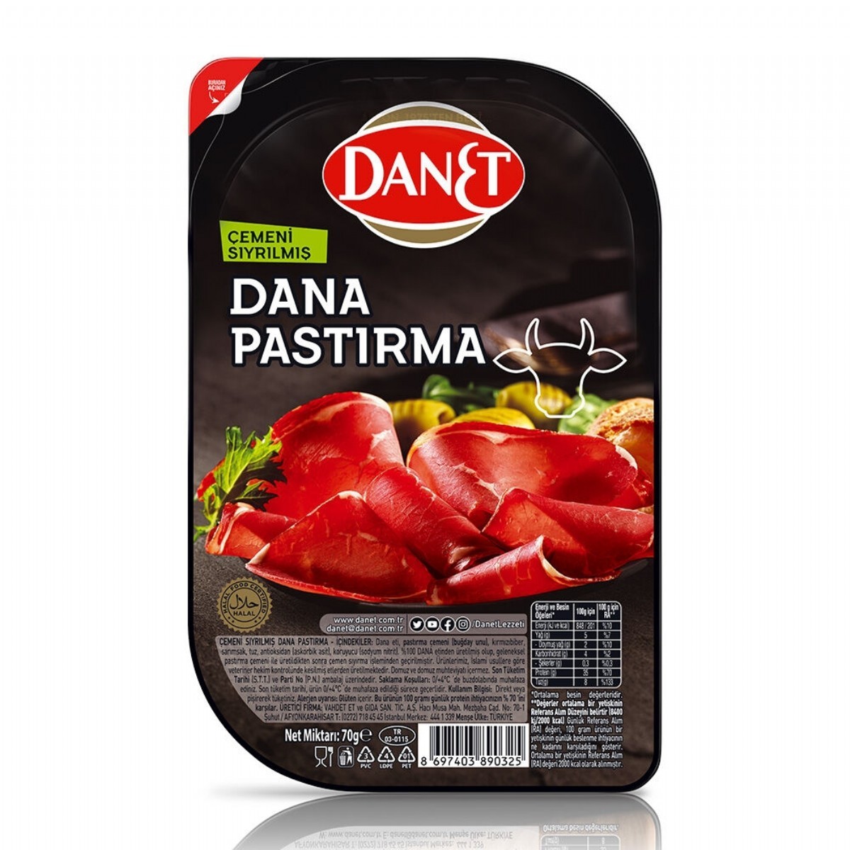 Danet Dilimli Çemensiz Dana Pastırma 70 Gr