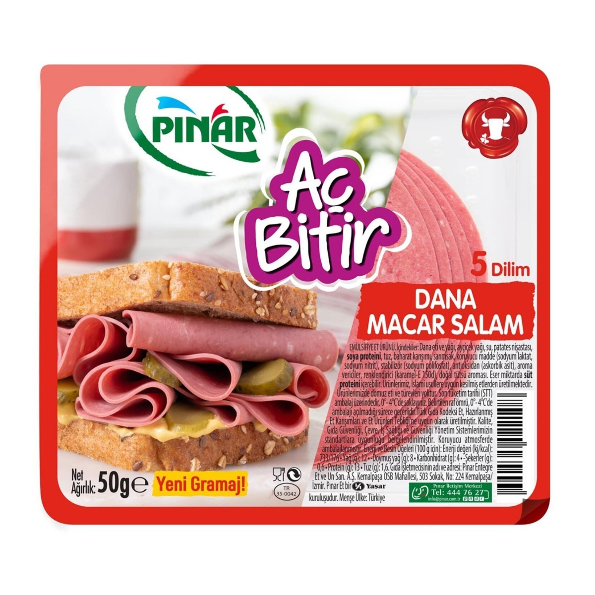 Pınar Aç Bitir Dana Macar Salam Büyük Dilim 50 Gr
