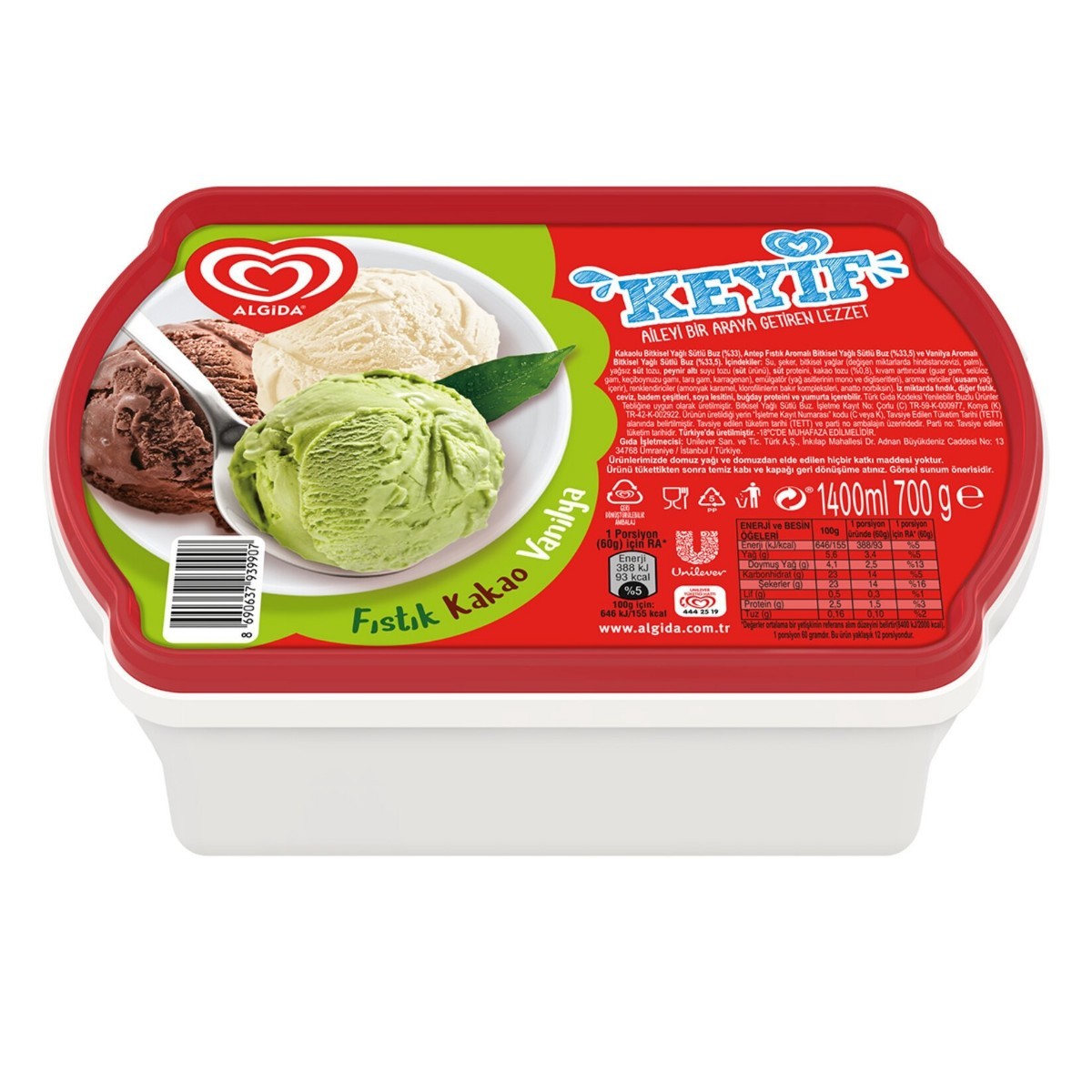Algida Keyif Fıstık Kakao Vanilya Dondurma 1400 Ml