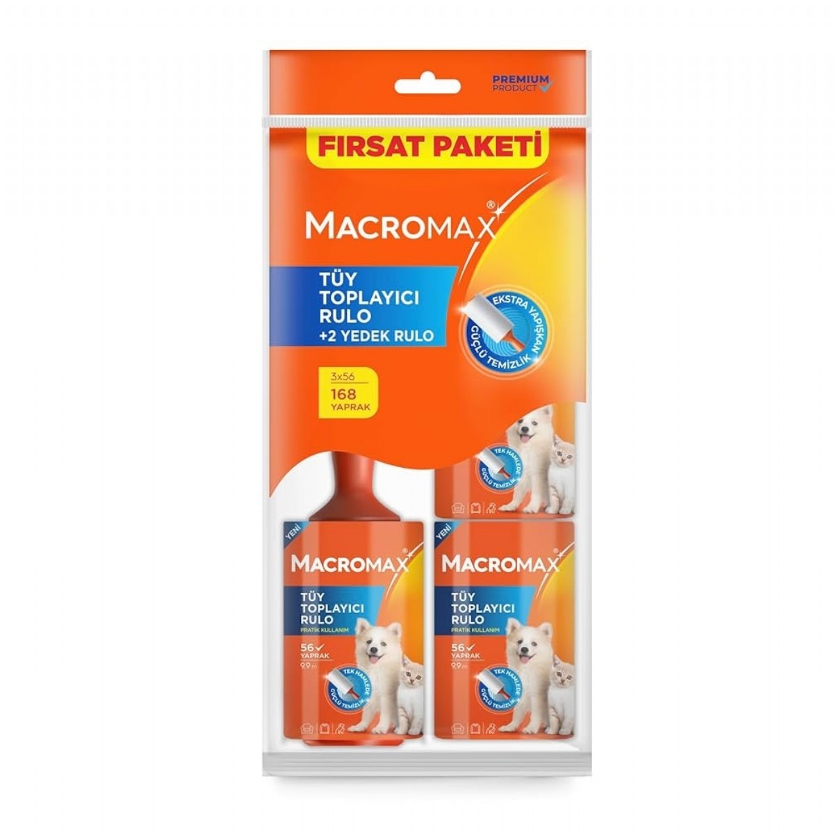 Macromax Tüy Toplayıcı Fırsat Paketi, 1 Rulo ve 2 Yedek Rulo Toplam 168 Yaprak
