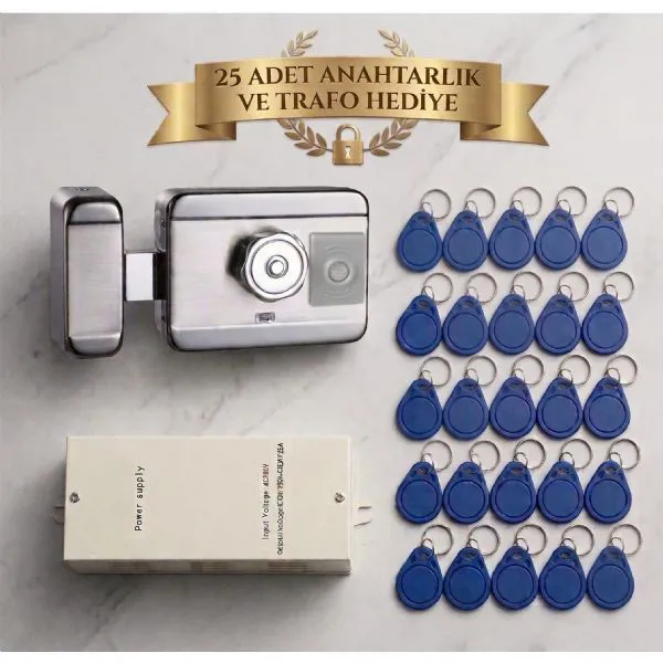 Marelli SENSÖRLÜ motorlu SESSİZ + GÜVENLİ manyetik elektrikli trajlı apartman kapı kilidi (motorlu otomat) + kartlı sistemi + trafosu + 25 çip - Marelli - Ürün Görseli 1