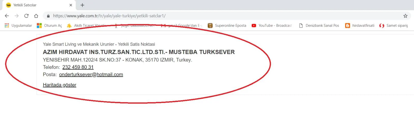 yale.com.tr yetkili satıcılar listesinde Azim Hırdavat — İzmir