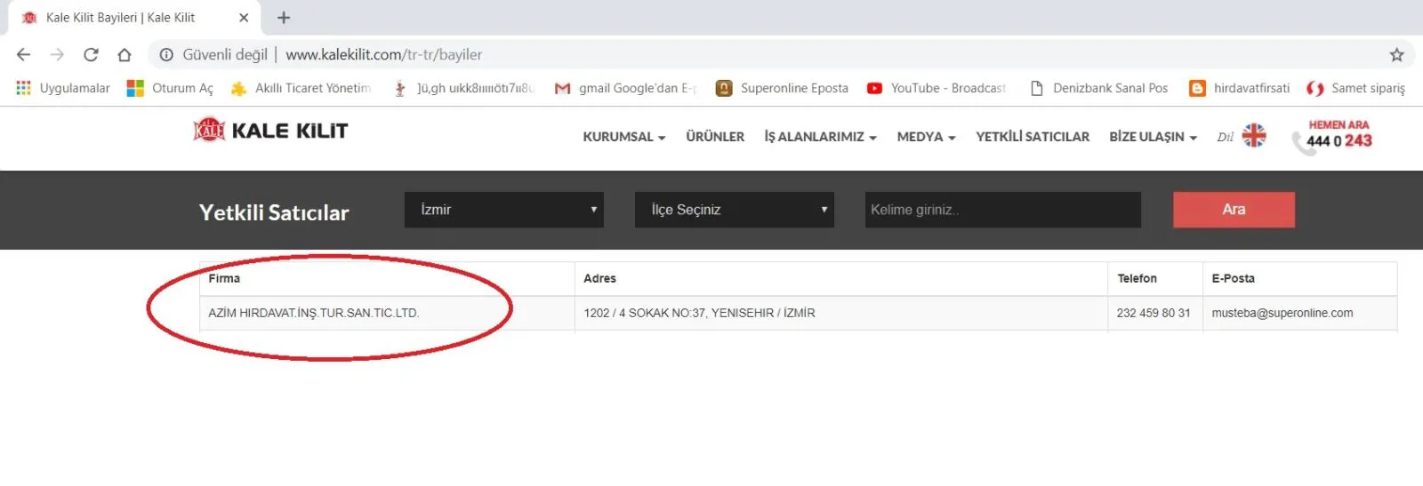 Azim Hırdavat Kale Kilit yetkili bayi belgesi