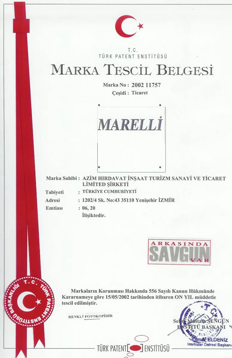 Marelli marka tescil belgesi — T.C. Türk Patent Enstitüsü