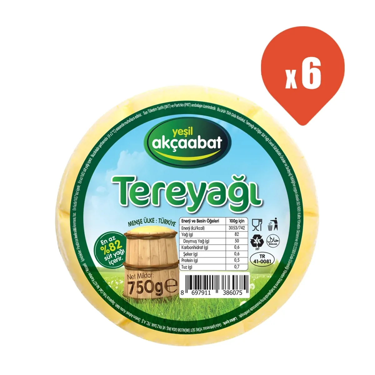 Yeşil Akçaabat Trabzon Tereyağı Tuzsuz 750 gr x 6 - Yeşil Akçaabat - Ürün Görseli 1