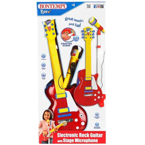 Sunman Bontempi Ayaklı Mikrofonlu Kırmızı Elektronik Çocuk Rock Gitarı S00045832 - Sunman Oyuncak - Ürün Görseli 1