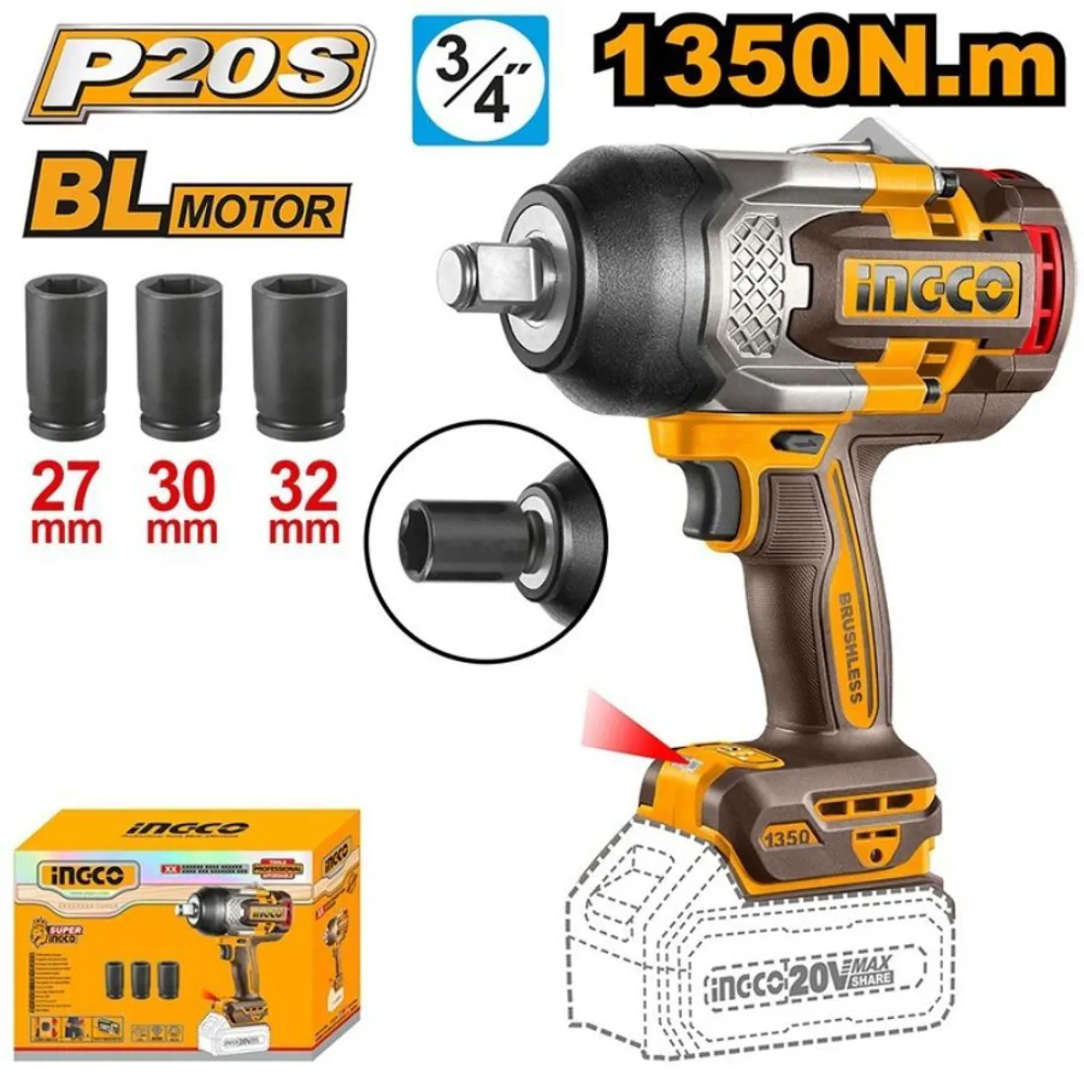 INGCO LI-ION AKÜLÜ SOMUN SIKMA KÖMÜRSÜZ 3/4" 20V 1350Nm - INGCO - Ürün Görseli 1
