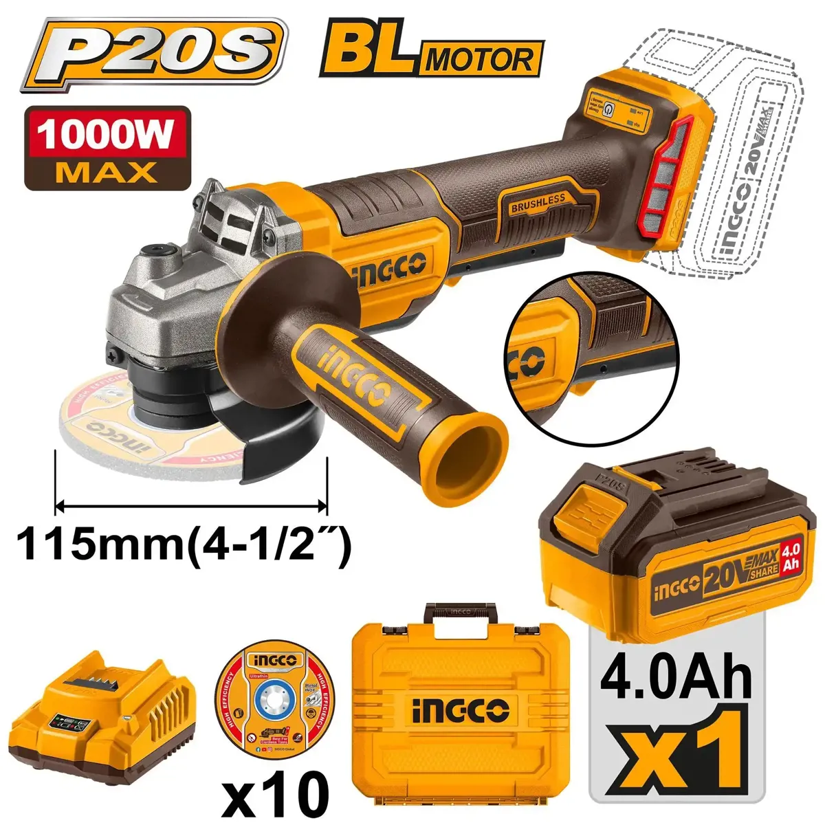 INGCO Li-ion Akülü Avuç Taşlama 115MM 20V 4.0Ah Akü (1 Adet Akü) - Ürün Görseli 1