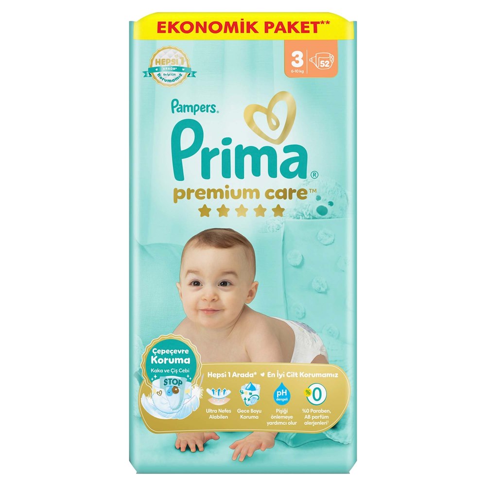 Prima Premium Care Bebek Bezi Ekonomik Paket 3 Beden Midi 52'li