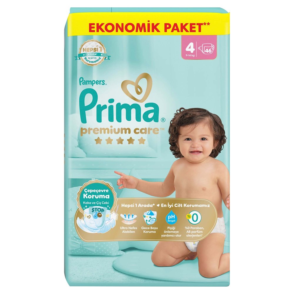 Prima Premium Care Bebek Bezi Ekonomik Paket 4 Beden Maxi 46'lı