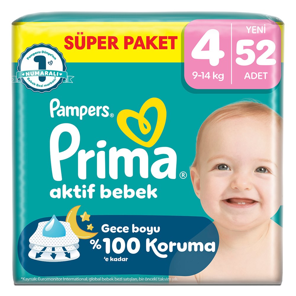 Prima Aktif Bebek Süper Paket Bebek Bezi 4 Beden 52'li