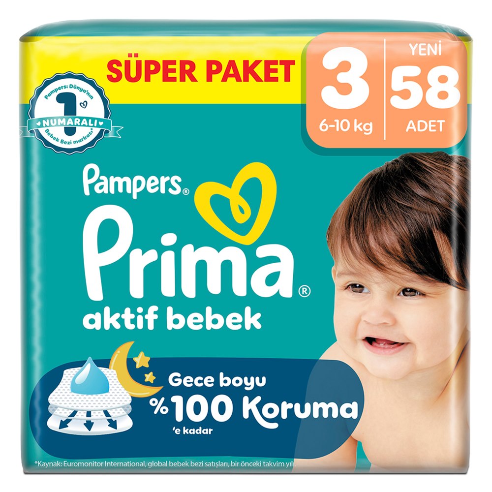Prima Aktif Bebek Süper Paket Bebek Bezi 3 Beden 58'li