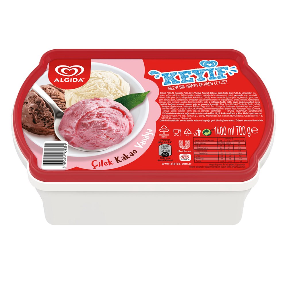 Algida Keyif Çilek Vanilya Kakao Dondurma 1400 ml