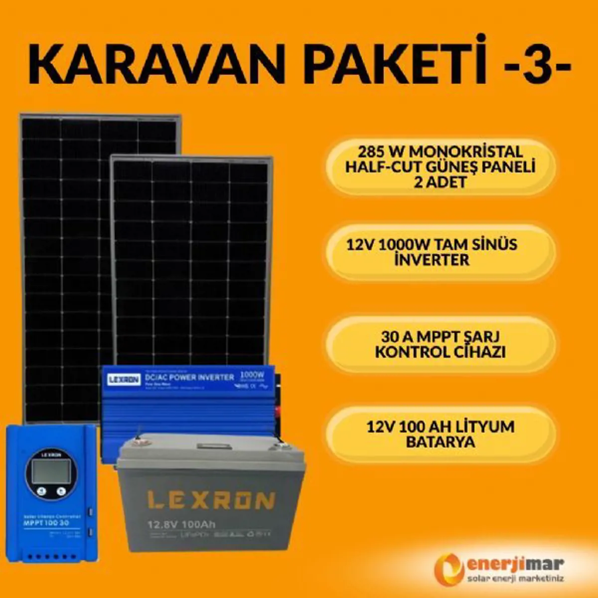 Enerjimar 1000W Karavan Güneş Enerjisi Paketi 3 (285w Half-Cut Panel ve 1000w Tam Sinüs İnverter ile)  - Ürün Görseli 1