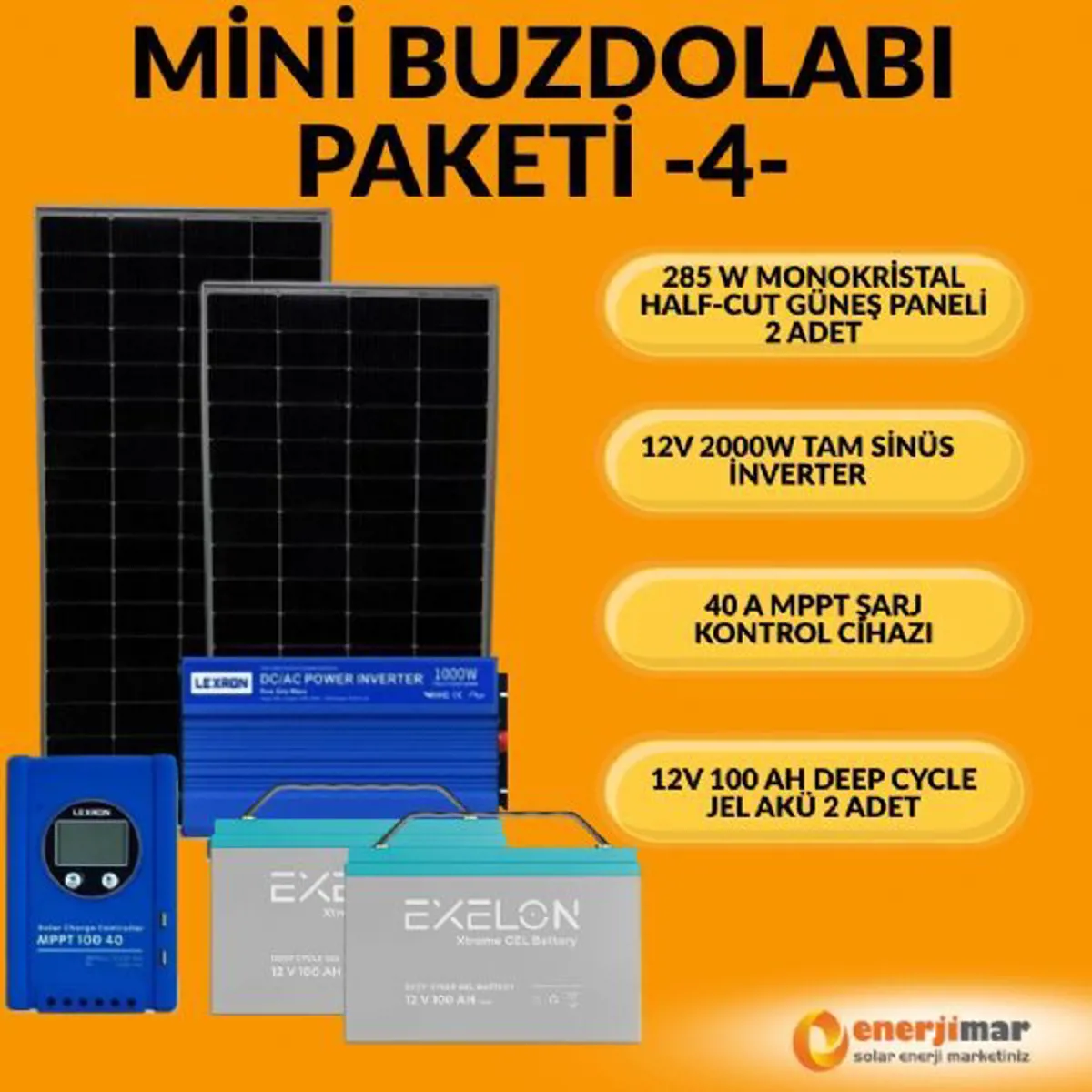 Mini Buzdolabı  Tv  Aydınlatma Güneş Enerjisi Solar Paketi 4 - (285w Half-Cut Güneş Paneli ve 2000w Tam Sinüs İnverter ile) - Ürün Görseli 1