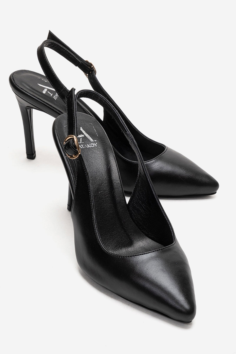 Kadın Hakiki Deri Yüksek Topuklu Arkası Açık Sivri Burunlu Stiletto Ayakkabı Siyah - Ozg - Ürün Görseli 1