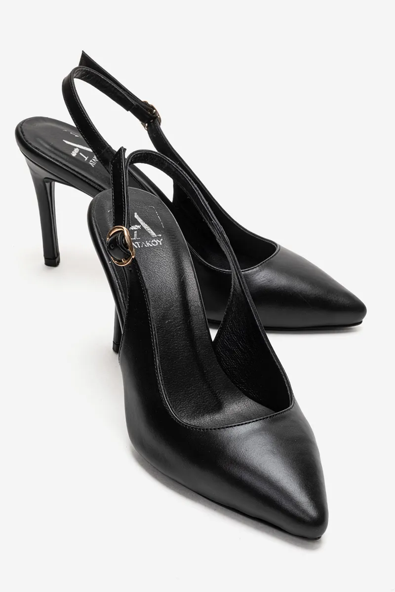 Kadın Hakiki Deri Yüksek Topuklu Arkası Açık Sivri Burunlu Stiletto Ayakkabı Siyah - Ozg - Ürün Görseli 1