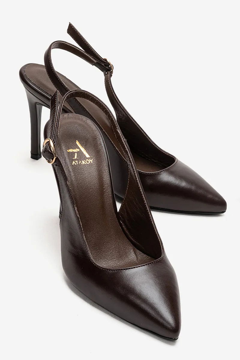 Kadın Hakiki Deri Yüksek Topuklu Arkası Açık Sivri Burunlu Stiletto Ayakkabı Kahve - Ozg - Ürün Görseli 1