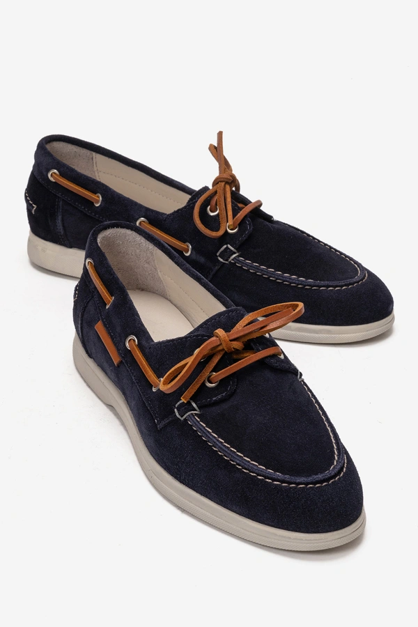 Kadın Hakiki Deri Casual Loafer Deri Bağcıklı Lacivert Süet - Güler Ayakkabı - Ürün Görseli 1