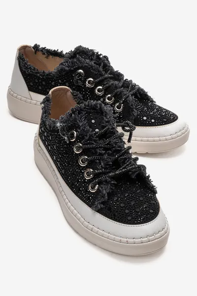 Kadın Yırtık Kot Taşlı Günlük Spor Sneakers Siyah - Aksoy - Ürün Görseli 1