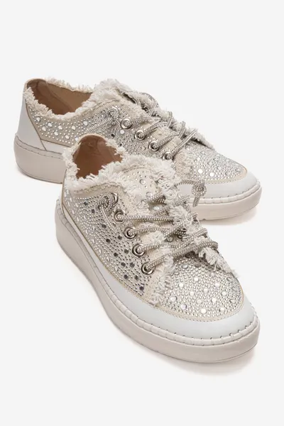 Kadın Yırtık Kot Taşlı Günlük Spor Sneakers Bej - Aksoy - Ürün Görseli 1