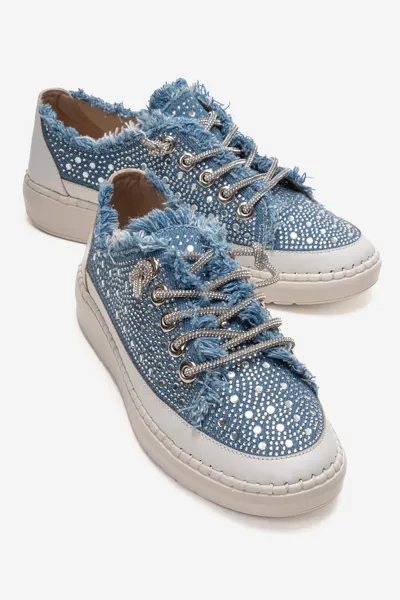 Kadın Yırtık Kot Taşlı Günlük Spor Sneakers Kot Mavi - Aksoy - Ürün Görseli 1