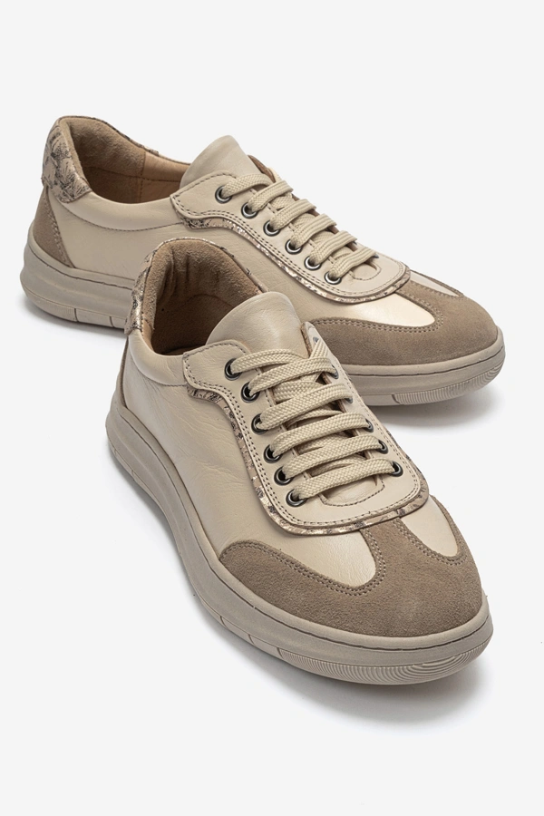 Kadın Hakiki Deri Günlük Spor Sneaker Ayakkabı Bej Bej Süet - Nehir Ayakkabı - Ürün Görseli 1