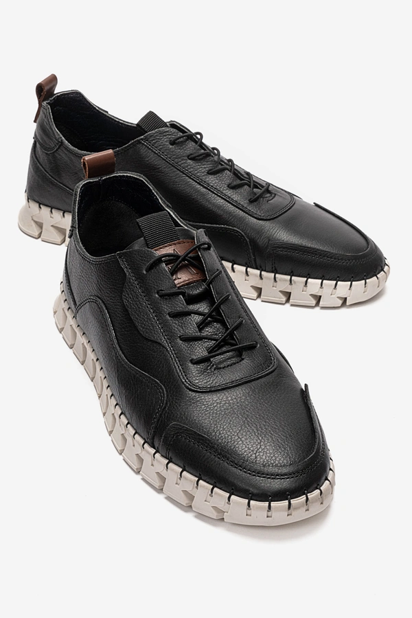 Erkek Hakiki Deri El Saraçlı Rahat Tabanlı Günlük Ayakkabı Sneakers Siyah - Gzm - Ürün Görseli 1