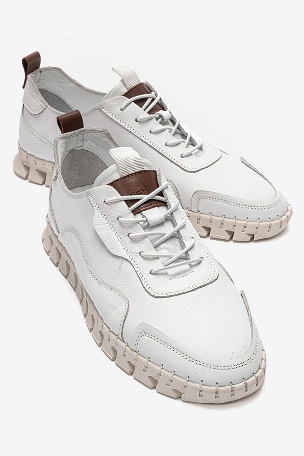 Erkek Hakiki Deri El Saraçlı Rahat Tabanlı Günlük Ayakkabı Sneakers Beyaz - Gzm - Ürün Görseli 1