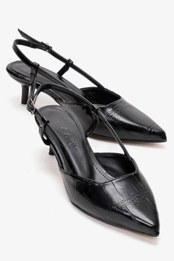 Kadın Kısa Topuklu Arkası Açık Topuklu Stiletto Ayakkabı Siyah Kroko - Bono - Ürün Görseli 1