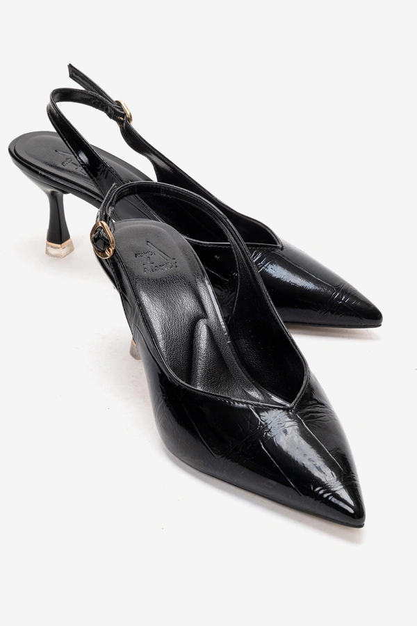 Kadın Topuklu Arkası Açık Stiletto Ayakkabı Siyah Kroko Rugan - Park Moda - Ürün Görseli 1