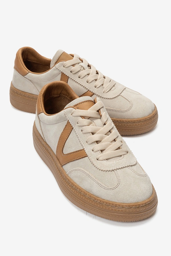Kadın Hakiki Deri Sneakers Ayakkabı Bej Süet - Nehir Ayakkabı - Ürün Görseli 1