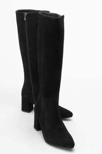 KADIN DERİ TOPUKLU ÇİZME - SIYAH SUET