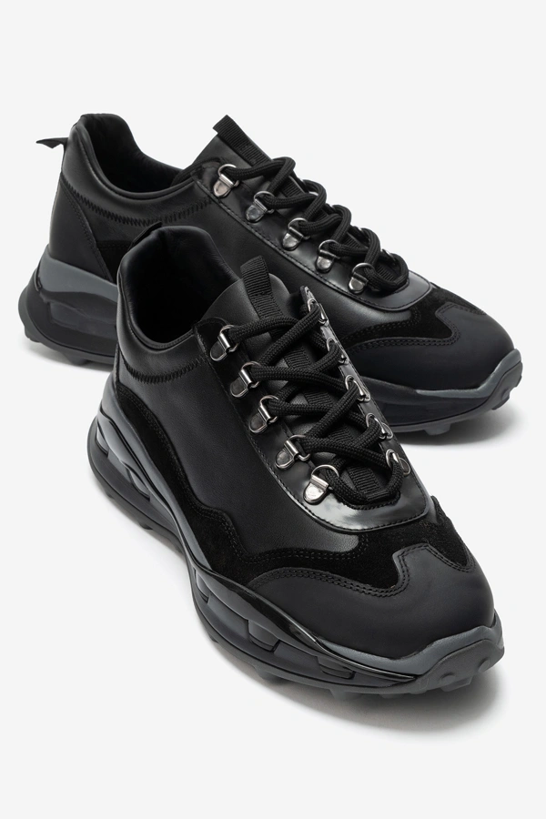 Erkek Hakiki Deri Sneakers Ayakkabı Siyah - Marcomen - Ürün Görseli 1