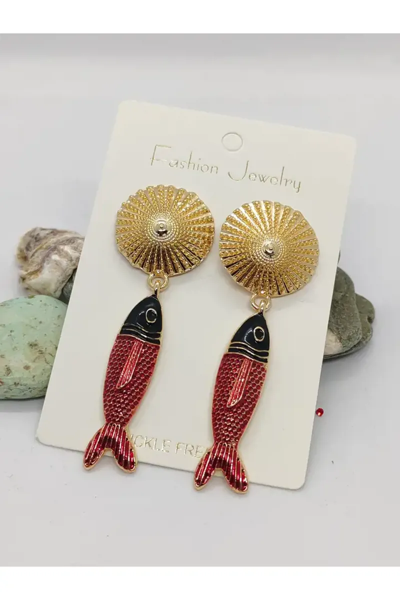 Çelik Sallantılı Kırmızı Balık Figürlü Gold Küpe - Ürün Görseli 1