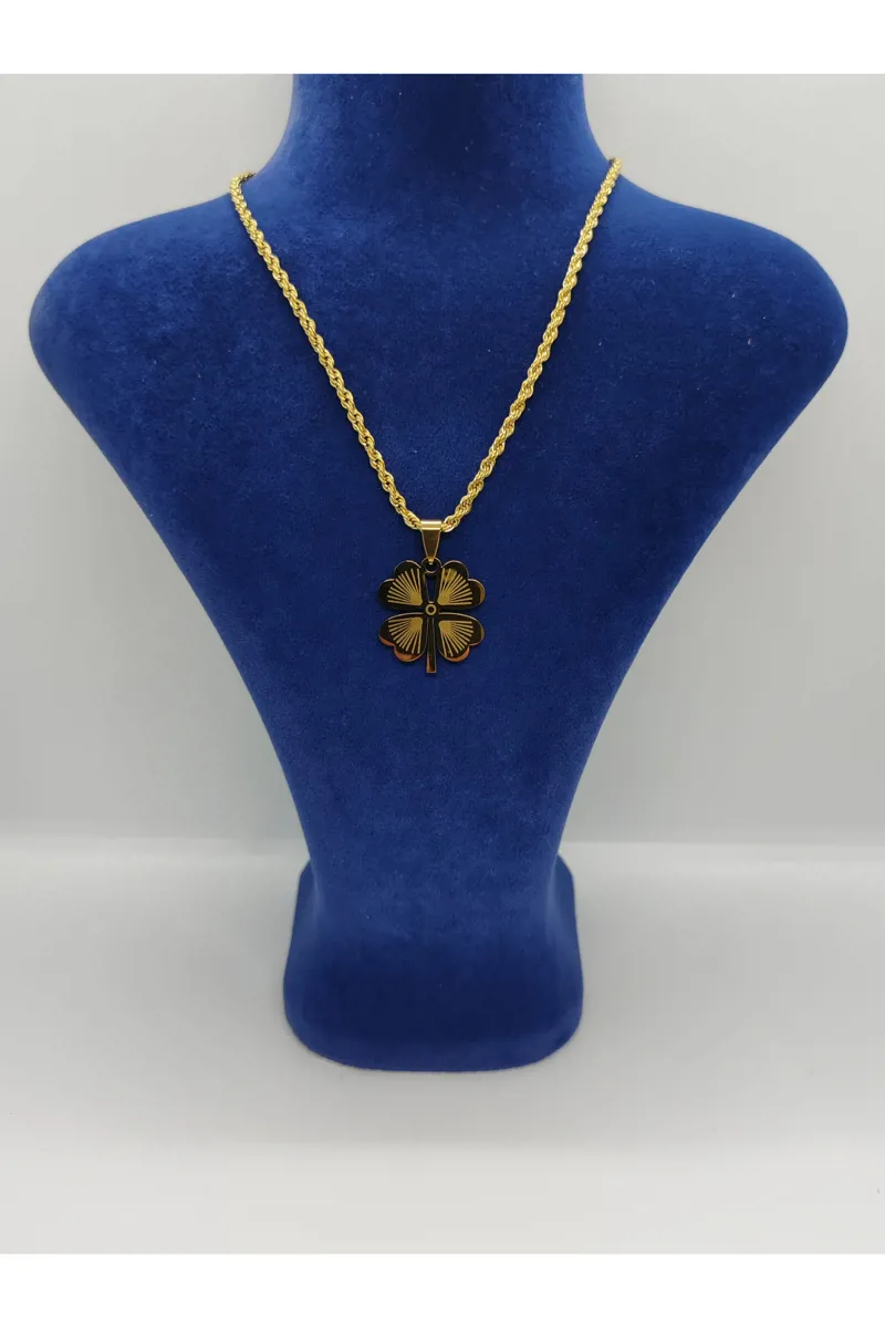 Kısa Zincirli Yonca Çelik Kolye Gold - Cadde Dükkanı - Ürün Görseli 1